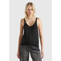 Kadın Siyah Pamuk ve Viskoz Karışımlı Simli Geniş Yaka Askılı Üst