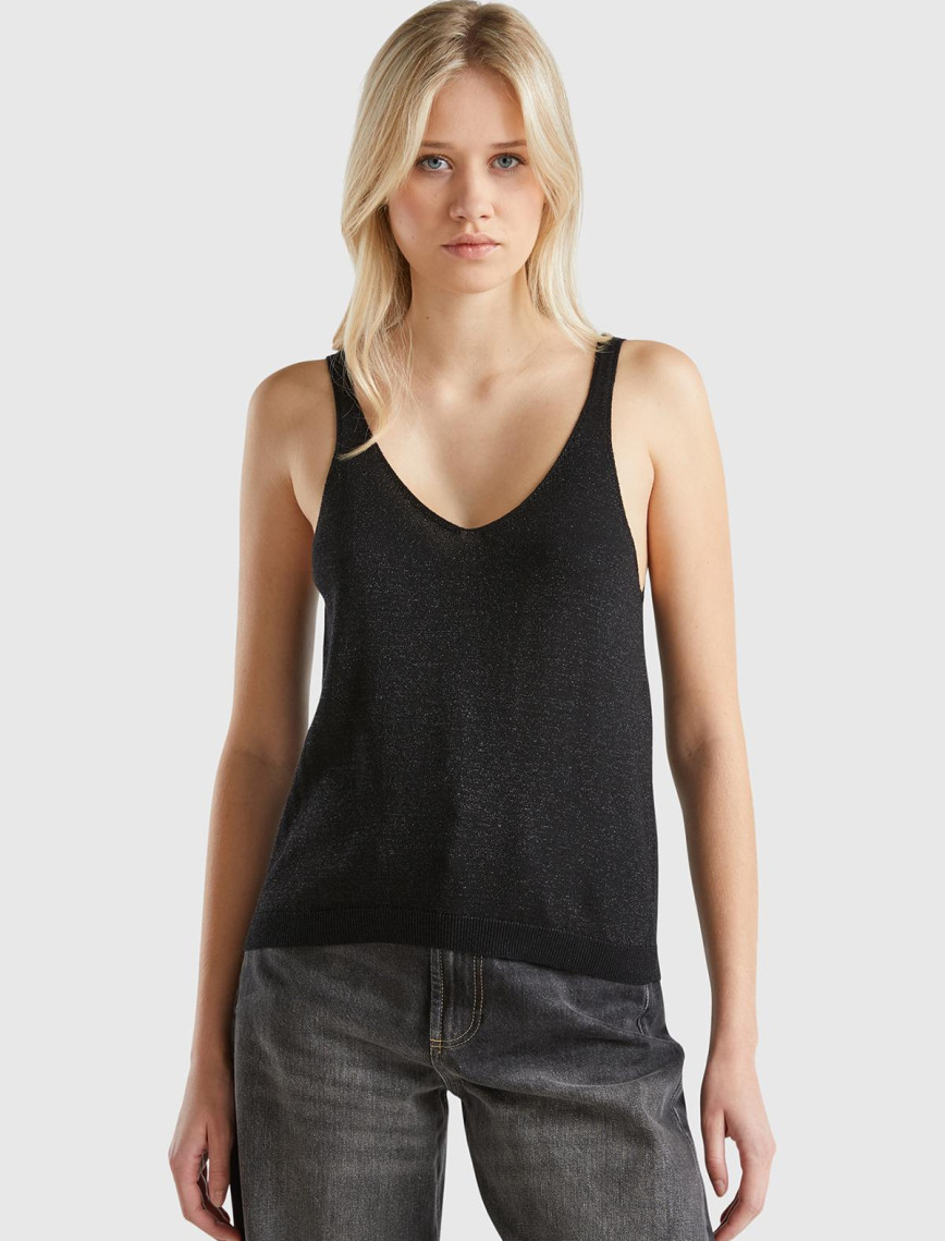 Kadın Turuncu Pamuk ve Viskoz Karışımlı Simli Geniş Yaka Askılı Üst