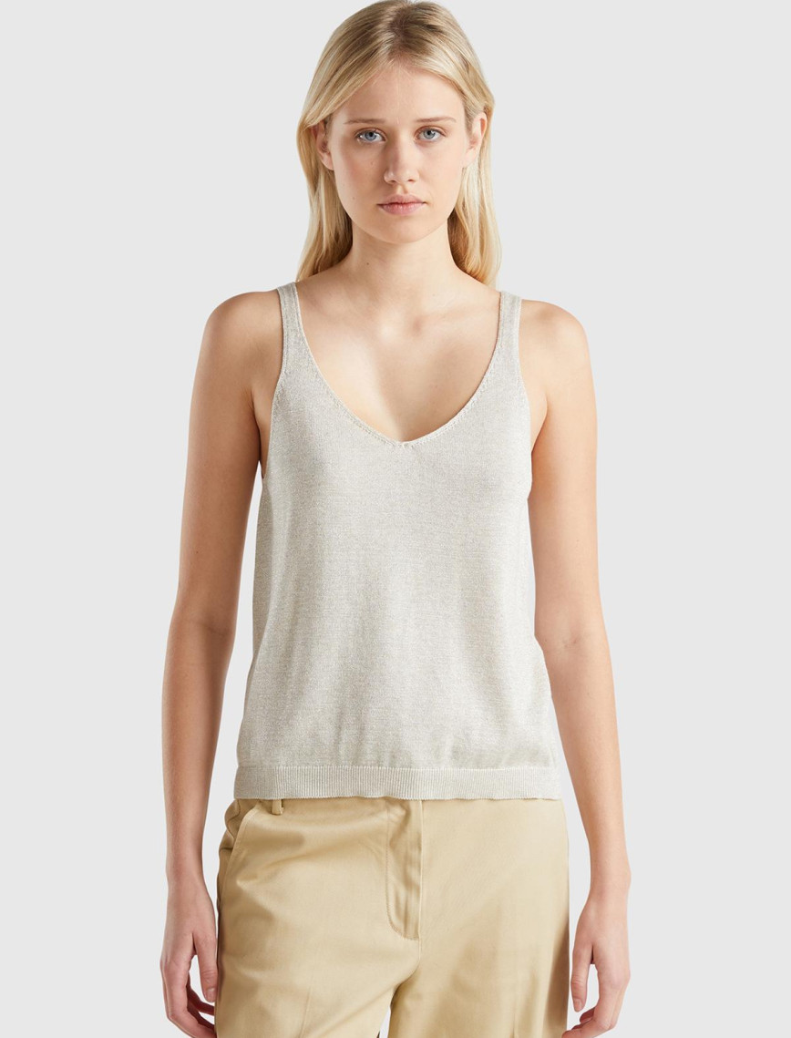 Kadın Turuncu Pamuk ve Viskoz Karışımlı Simli Geniş Yaka Askılı Üst