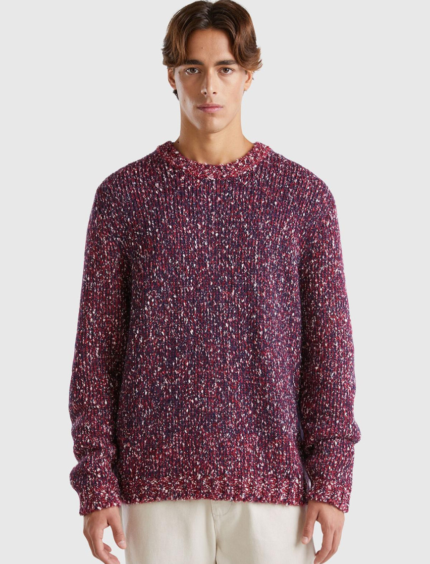 Erkek Bordo Pamuk ve Yün Karışımlı Ribanalı Renk Detaylı Kazak