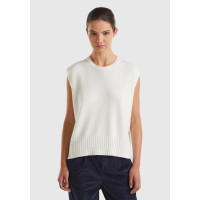 Kadın Krem Yün ve Viskoz Karışımlı Bisiklet Yaka Kolsuz Kazak