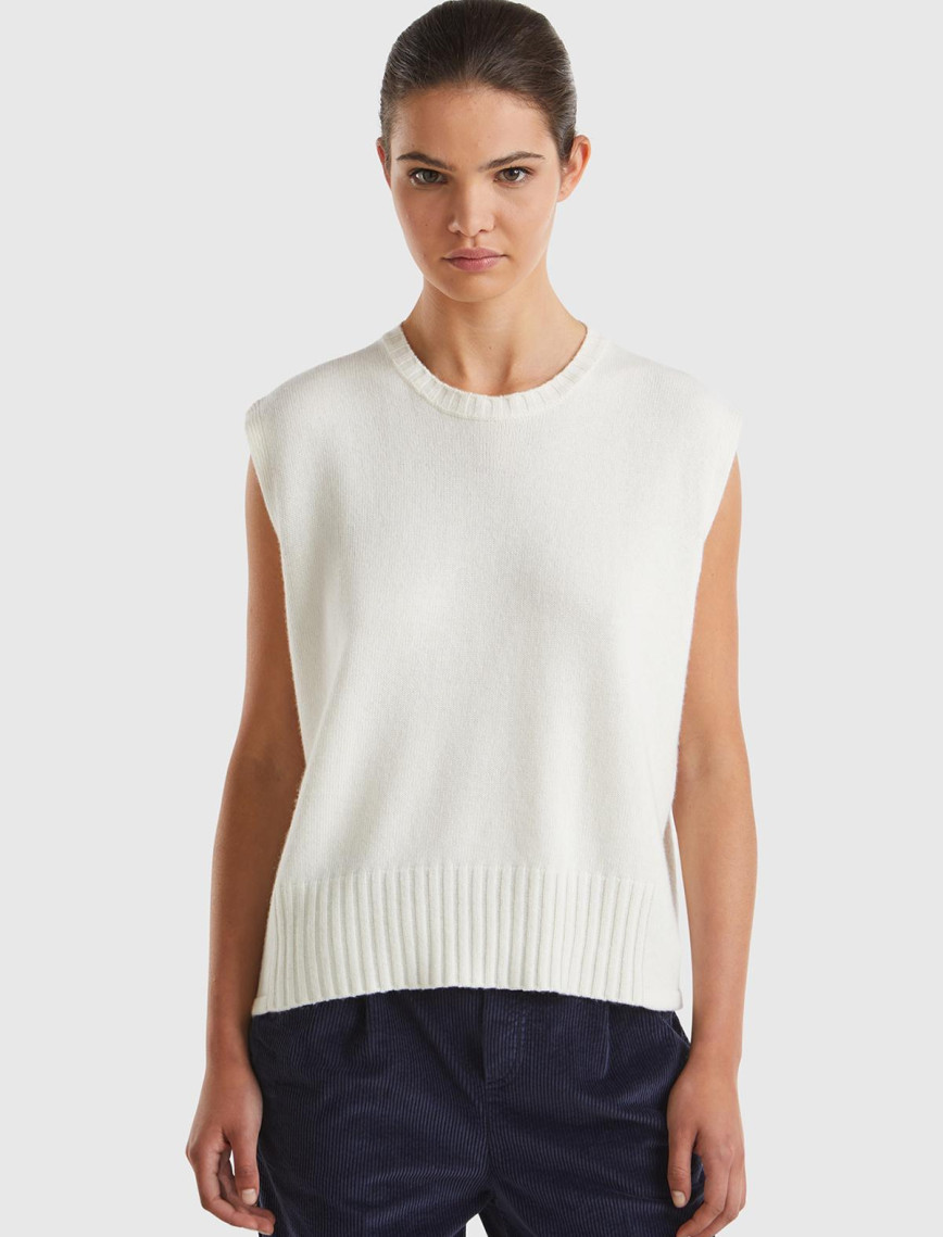 Kadın Krem Yün ve Viskoz Karışımlı Bisiklet Yaka Kolsuz Kazak