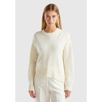 Kadın Krem Yün Karışımlı Alt Kısmı Geniş Bisiklet Yaka Kazak