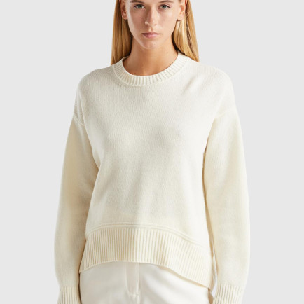 Kadın Krem Yün Karışımlı Alt Kısmı Geniş Bisiklet Yaka Kazak