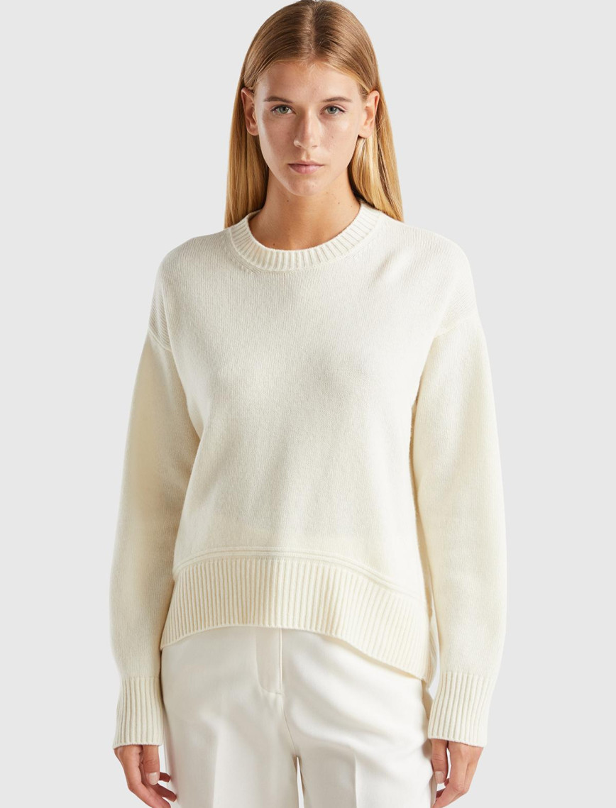 Kadın Krem Yün Karışımlı Alt Kısmı Geniş Bisiklet Yaka Kazak