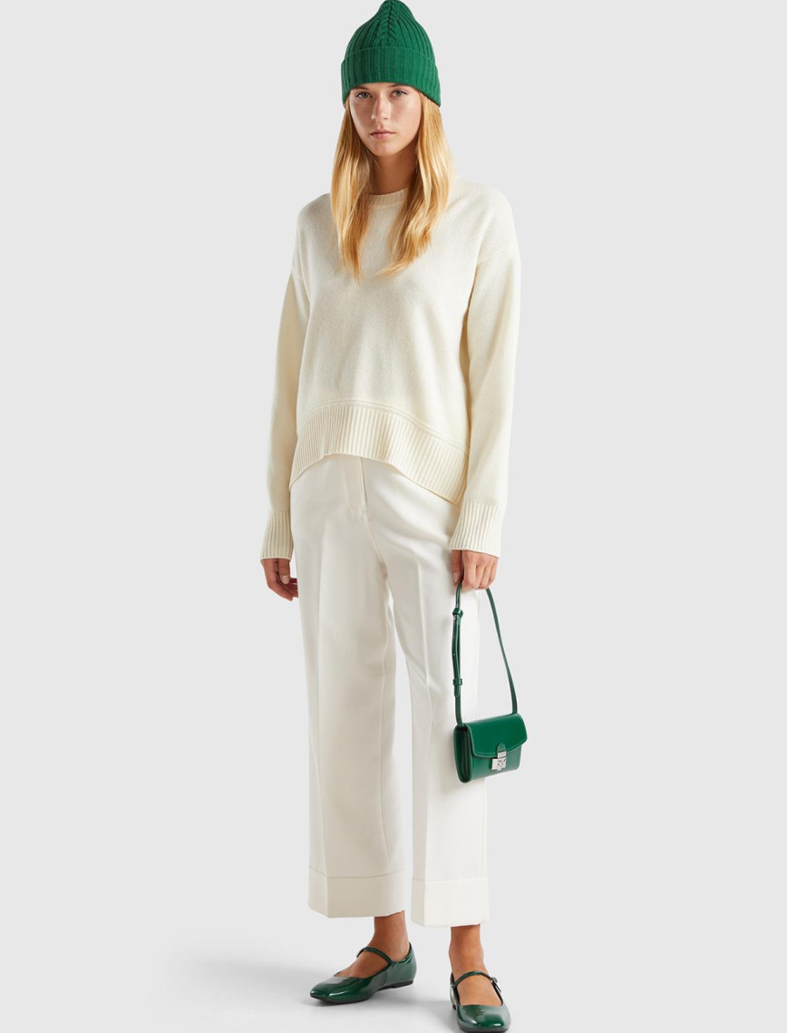 Kadın Krem Yün Karışımlı Alt Kısmı Geniş Bisiklet Yaka Kazak