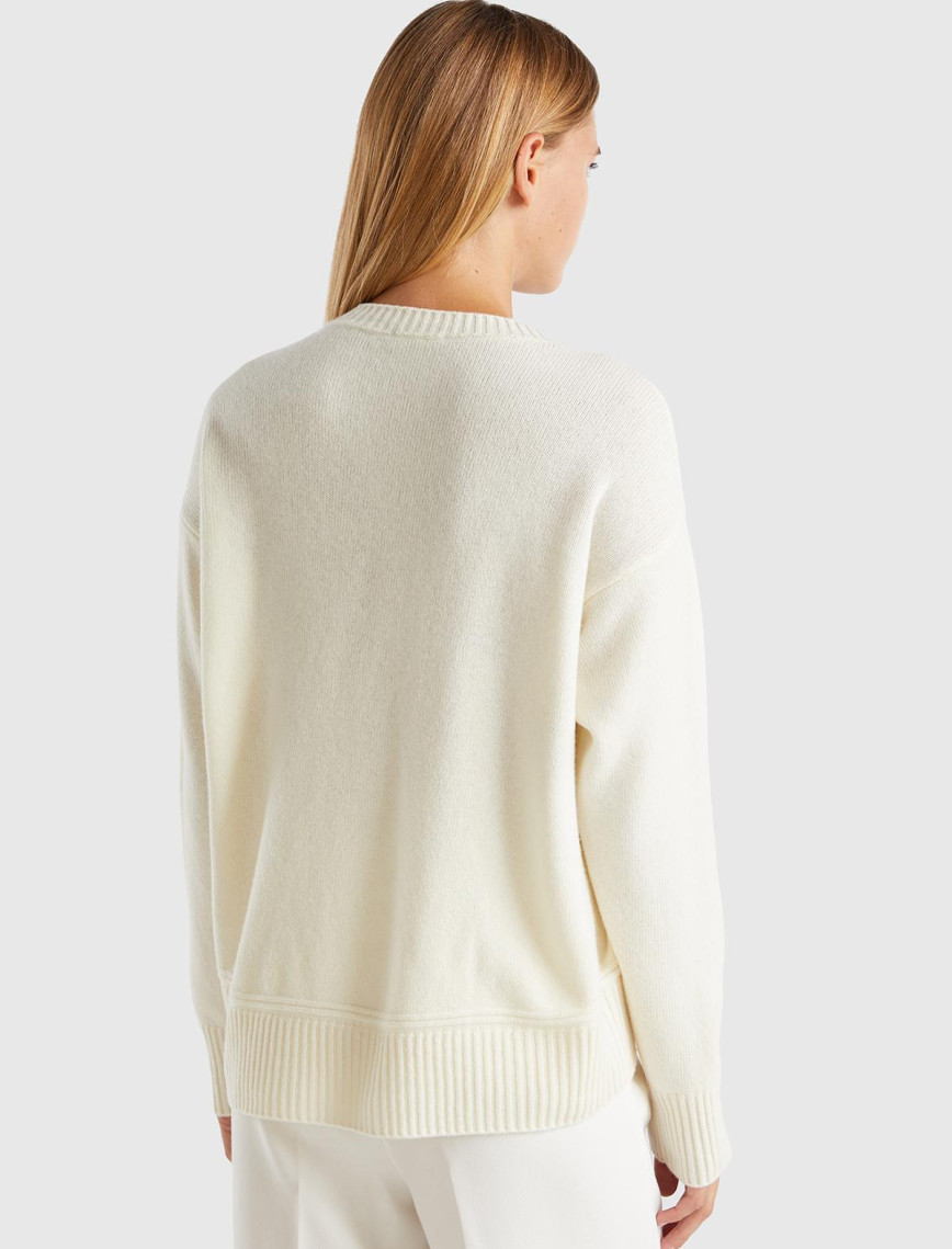 Kadın Krem Yün Karışımlı Alt Kısmı Geniş Bisiklet Yaka Kazak