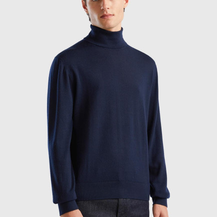 Erkek Lacivert %100 Extra Fine Merino Dik Yaka Kazak Erkek Lacivert %100 Extra Fine Merino Dik Yaka Kazak