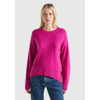 Kadın Fuşya Yün Karışımlı Alt Kısmı Geniş Bisiklet Yaka Kazak