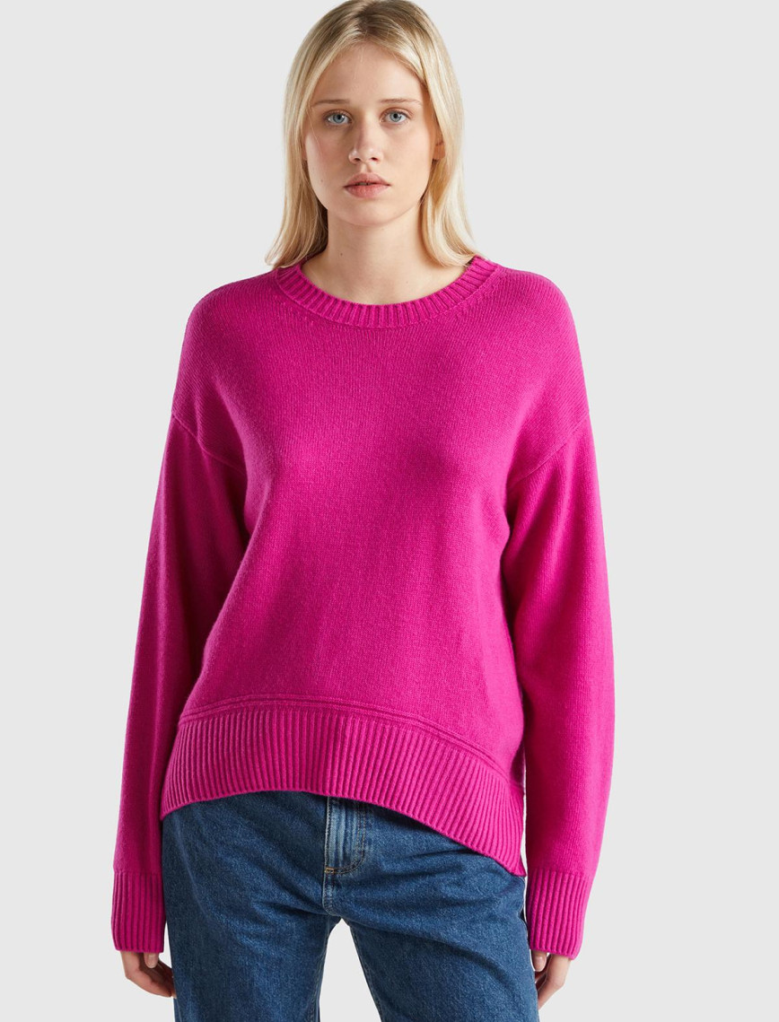 Kadın Krem Yün Karışımlı Alt Kısmı Geniş Bisiklet Yaka Kazak