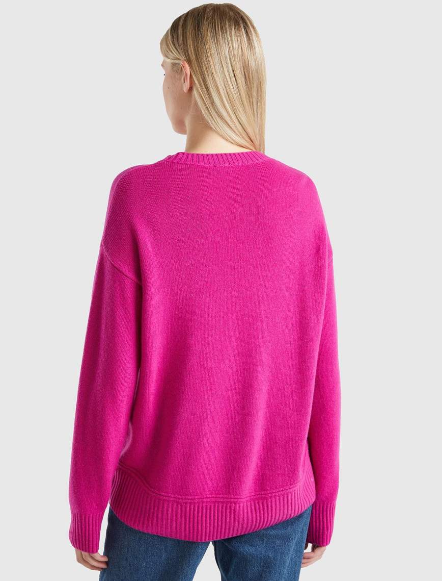 Kadın Fuşya Yün Karışımlı Alt Kısmı Geniş Bisiklet Yaka Kazak