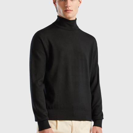 Erkek Siyah %100 Extra Fine Merino Dik Yaka Kazak Erkek Siyah %100 Extra Fine Merino Dik Yaka Kazak