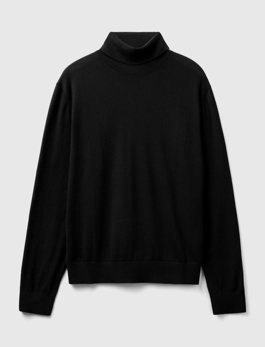 Erkek Siyah %100 Extra Fine Merino Dik Yaka Kazak Erkek Siyah %100 Extra Fine Merino Dik Yaka Kazak