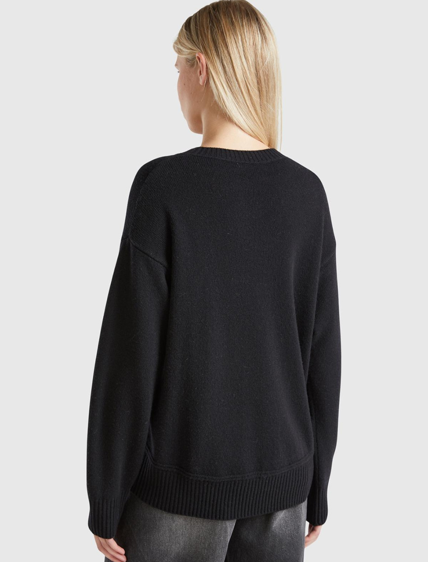 Kadın Siyah Yün Karışımlı Alt Kısmı Geniş Bisiklet Yaka Kazak