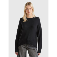 Kadın Siyah Yün Karışımlı Alt Kısmı Geniş Bisiklet Yaka Kazak