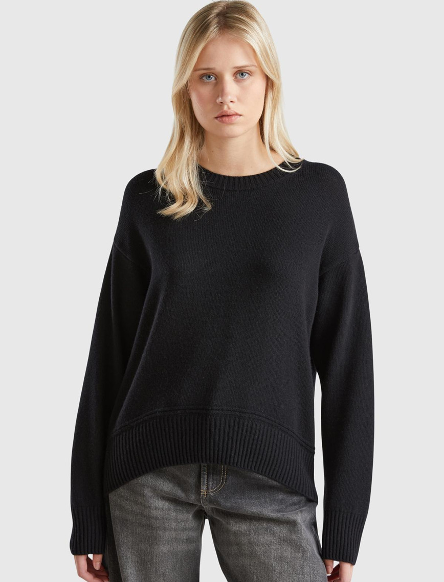 Kadın Krem Yün Karışımlı Alt Kısmı Geniş Bisiklet Yaka Kazak