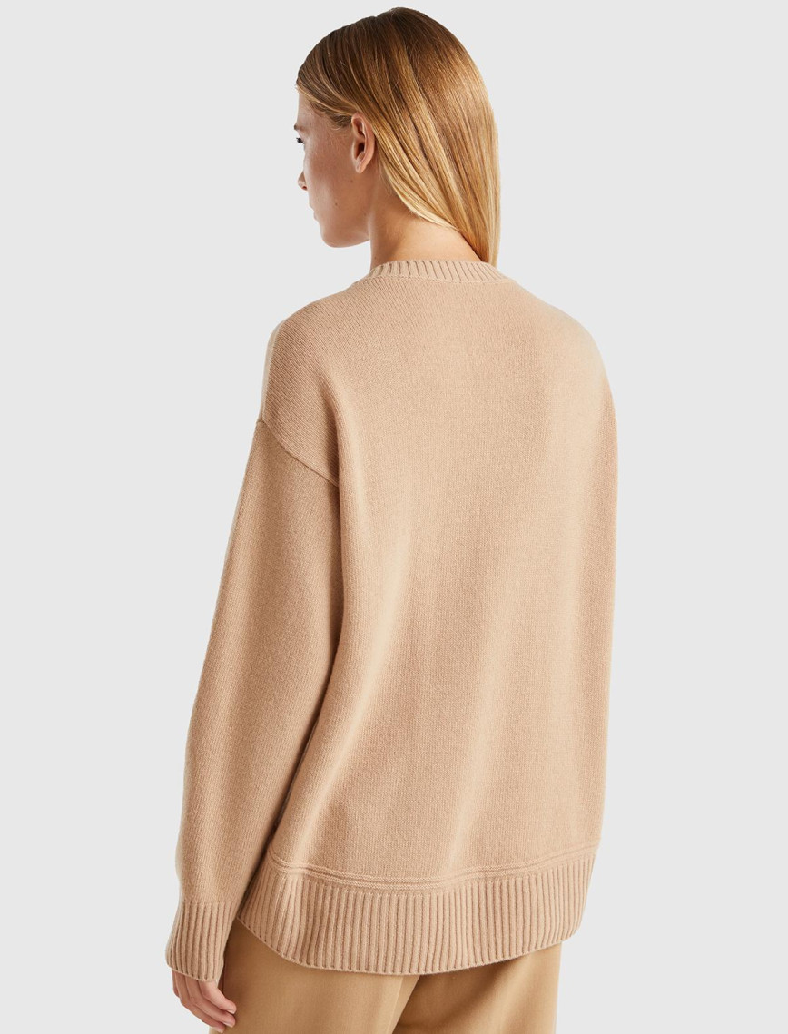 Kadın Bej Yün Karışımlı Alt Kısmı Geniş Bisiklet Yaka Kazak