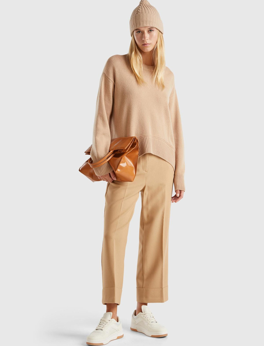 Kadın Bej Yün Karışımlı Alt Kısmı Geniş Bisiklet Yaka Kazak