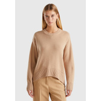 Kadın Bej Yün Karışımlı Alt Kısmı Geniş Bisiklet Yaka Kazak