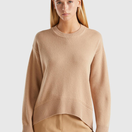 Kadın Bej Yün Karışımlı Alt Kısmı Geniş Bisiklet Yaka Kazak