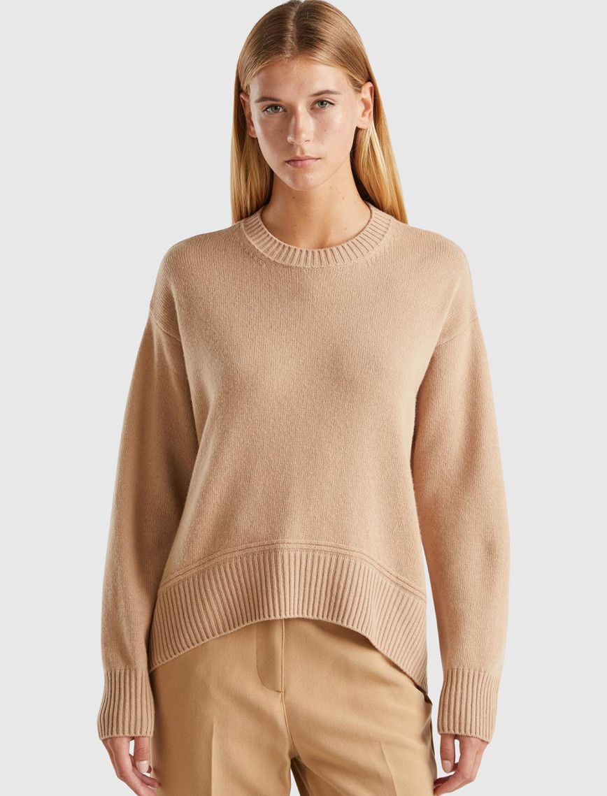 Kadın Krem Yün Karışımlı Alt Kısmı Geniş Bisiklet Yaka Kazak