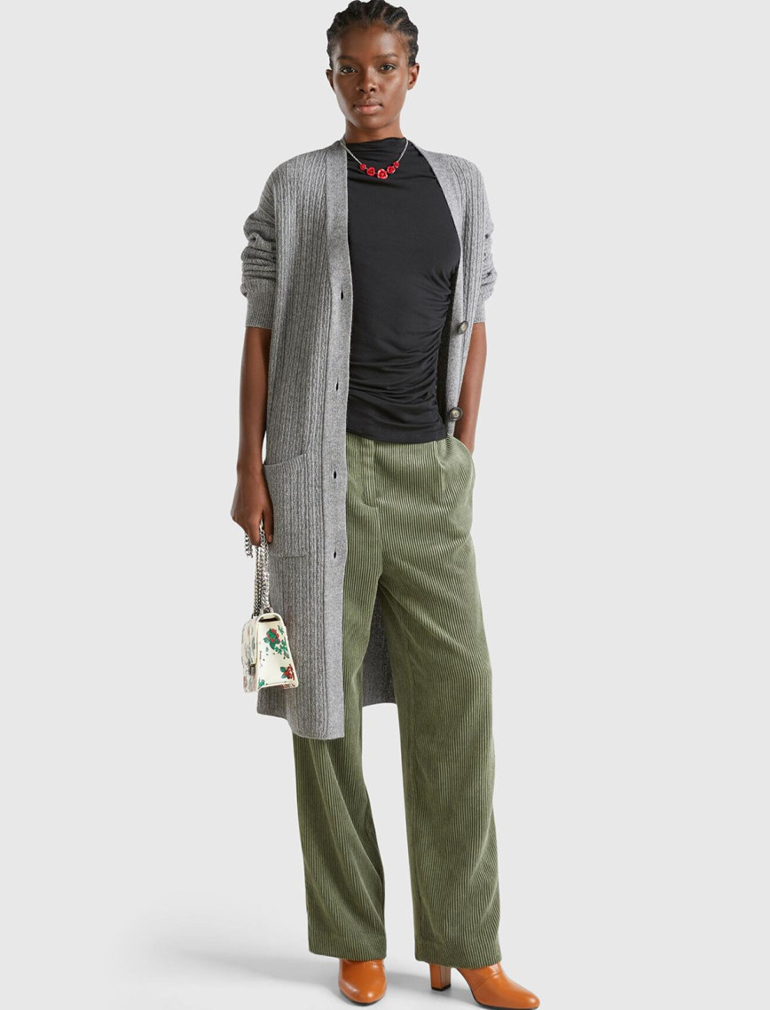 Kadın Gri Yün Karışımlı Önü Düğme Detaylı Cepli Uzun V Yaka Hırka Kadın Gri Yün Karışımlı Önü Düğme Detaylı Cepli Uzun V Yaka Hırka