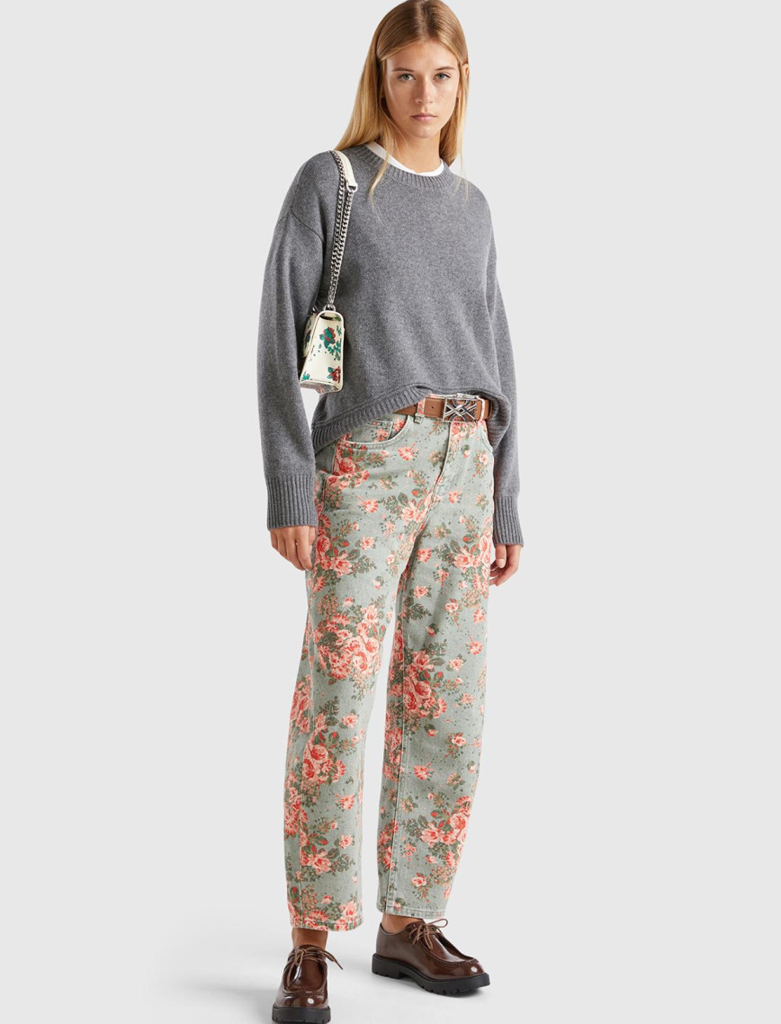 Kadın Antrasit Melanj Yün Karışımlı Alt Kısmı Geniş Bisiklet Yaka Kazak