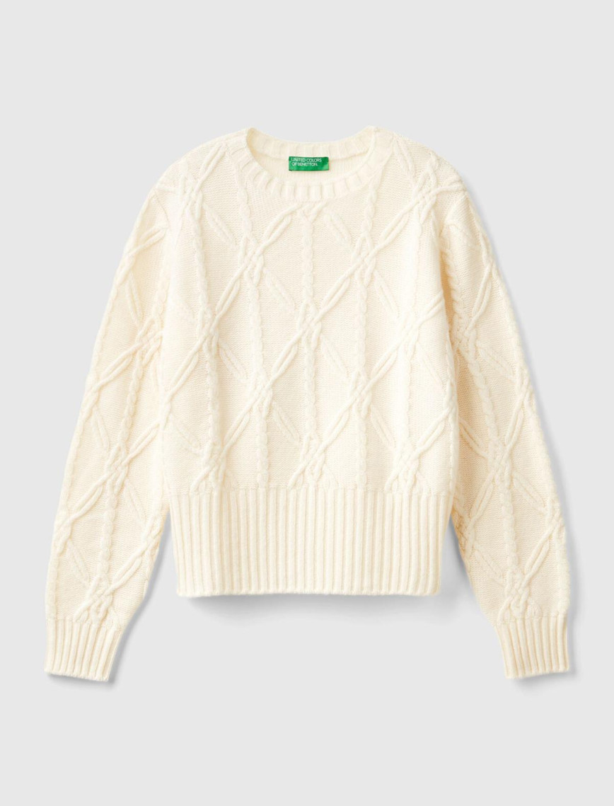 Kadın Krem Yün Karışımlı Dokulu Örgülü Yuvarlak Yaka Kazak Kadın Krem Yün Karışımlı Dokulu Örgülü Yuvarlak Yaka Kazak