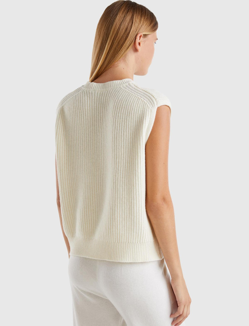 Kadın Krem Yün Karışımlı Örgü Motifli Yuvarlak Yaka Yelek Kadın Krem Yün Karışımlı Örgü Motifli Yuvarlak Yaka Yelek