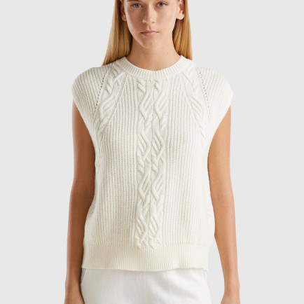 Kadın Krem Yün Karışımlı Örgü Motifli Yuvarlak Yaka Yelek Kadın Krem Yün Karışımlı Örgü Motifli Yuvarlak Yaka Yelek