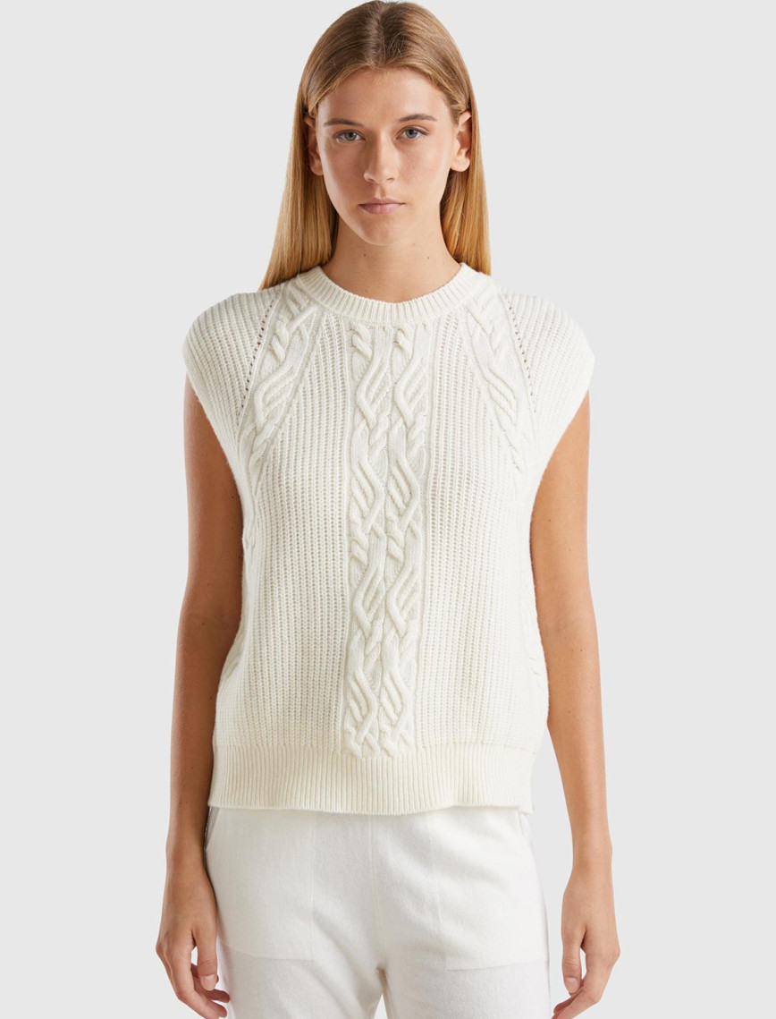 Kadın Krem Yün Karışımlı Örgü Motifli Yuvarlak Yaka Yelek Kadın Krem Yün Karışımlı Örgü Motifli Yuvarlak Yaka Yelek