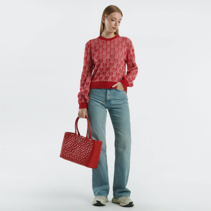 Kadın Kırmızı Yün ve Pamuk Karışımlı Desenli Yuvarlak Yaka Kazak