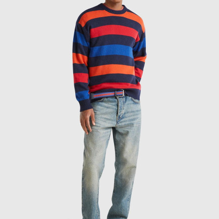 Erkek Kırmızı Mix Yün Karışımlı Yatay Çizgili Yubarlak Yaka Kazak Erkek Kırmızı Mix Yün Karışımlı Yatay Çizgili Yubarlak Yaka Kazak