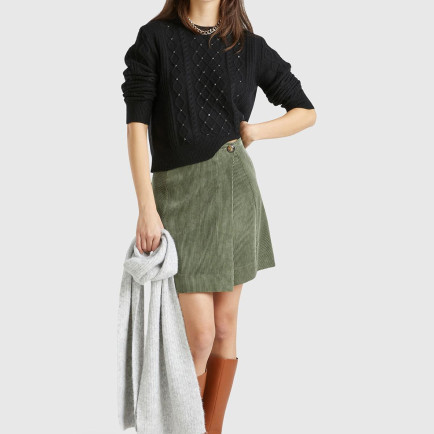 Kadın Siyah Pamuk ve Yün Karışımlı Örgü Taş Detaylı Yuvarlak Yaka Kazak