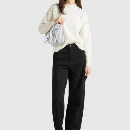 Kadın Krem Pamuk ve Yün Karışımlı Taş Detaylı Yüksek Yaka Kazak