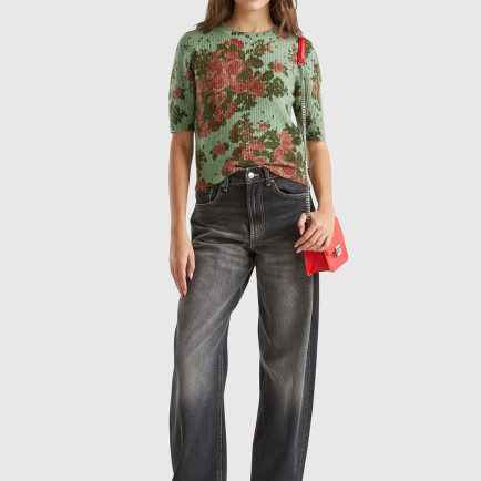 Kadın Yeşil Yün Karışımlı Tamamı Çiçek Desenli Bisiklet Yaka Kısa Kazak