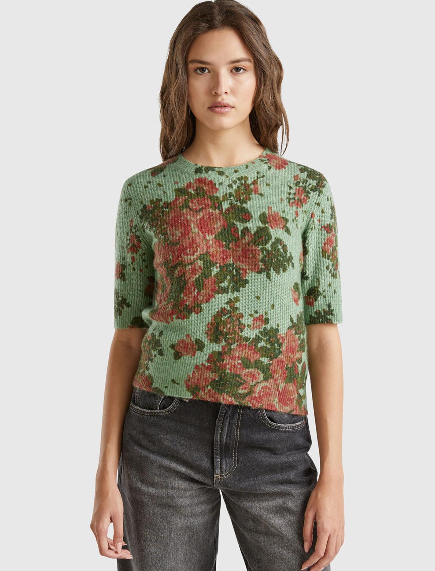 Kadın Yeşil Yün Karışımlı Tamamı Çiçek Desenli Bisiklet Yaka Kısa Kazak Kadın Yeşil Yün Karışımlı Tamamı Çiçek Desenli Bisiklet Yaka Kısa Kazak