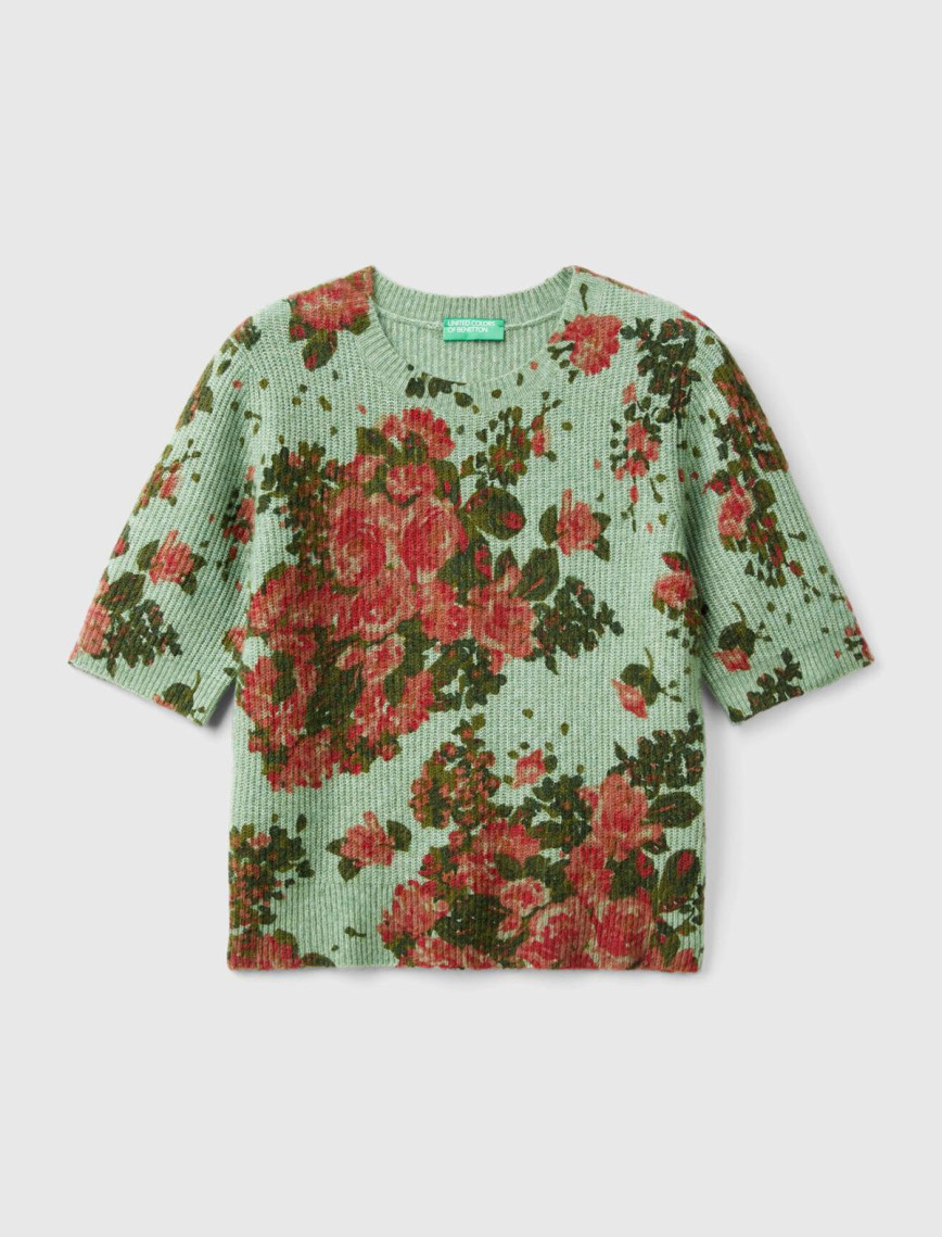 Kadın Yeşil Yün Karışımlı Tamamı Çiçek Desenli Bisiklet Yaka Kısa Kazak Kadın Yeşil Yün Karışımlı Tamamı Çiçek Desenli Bisiklet Yaka Kısa Kazak