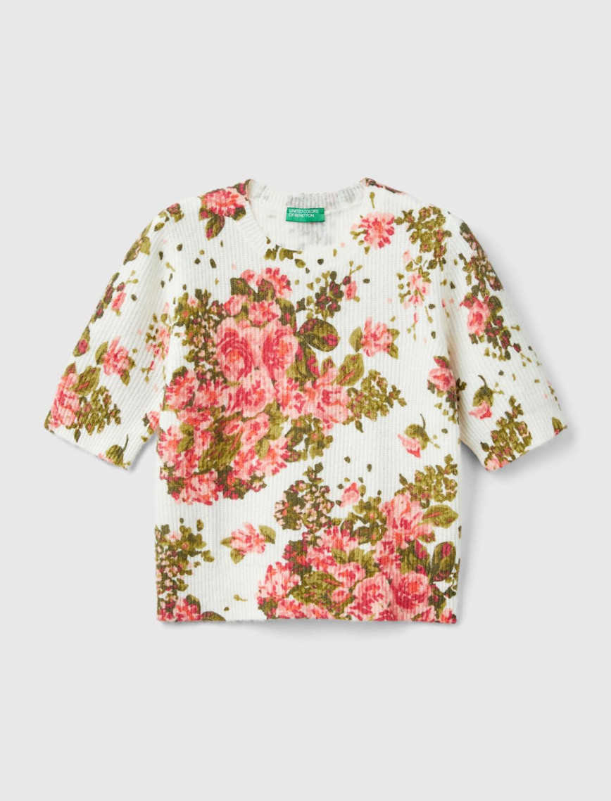 Kadın Beyaz Yün Karışımlı Tamamı Çiçek Desenli Bisiklet Yaka Kısa Kazak Kadın Beyaz Yün Karışımlı Tamamı Çiçek Desenli Bisiklet Yaka Kısa Kazak