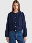 Kadın Lacivert Önü Düğmeli Kapaklı Cep Tasarımı Yuvarlak Yaka Bomber Ceket Kadın Lacivert Önü Düğmeli Kapaklı Cep Tasarımı Yuvarlak Yaka Bomber Ceket