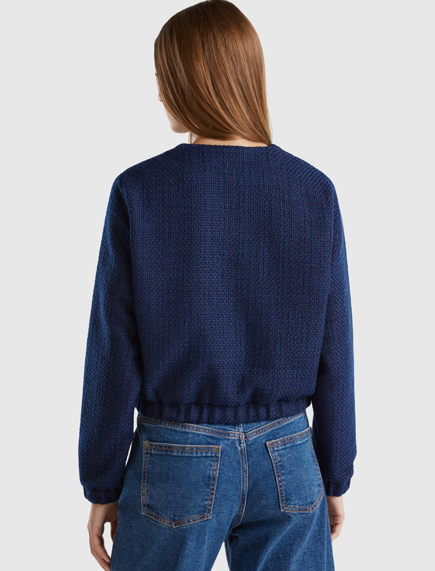 Kadın Lacivert Önü Düğmeli Kapaklı Cep Tasarımı Yuvarlak Yaka Bomber Ceket Kadın Lacivert Önü Düğmeli Kapaklı Cep Tasarımı Yuvarlak Yaka Bomber Ceket