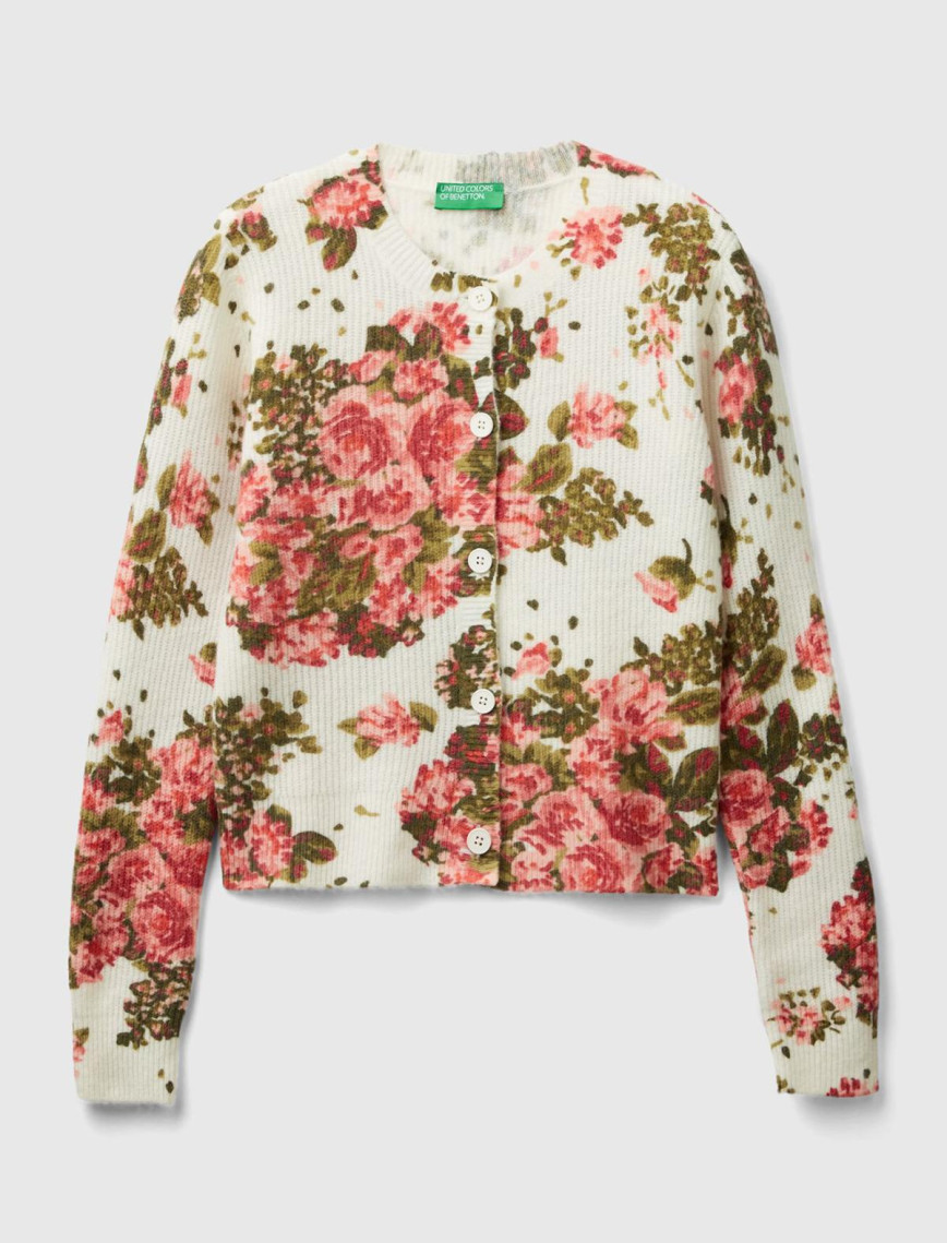 Kadın Beyaz Yün Karışımlı Tamamı Çiçek Desenli Bisiklet Yaka Kısa Hırka Kadın Beyaz Yün Karışımlı Tamamı Çiçek Desenli Bisiklet Yaka Kısa Hırka