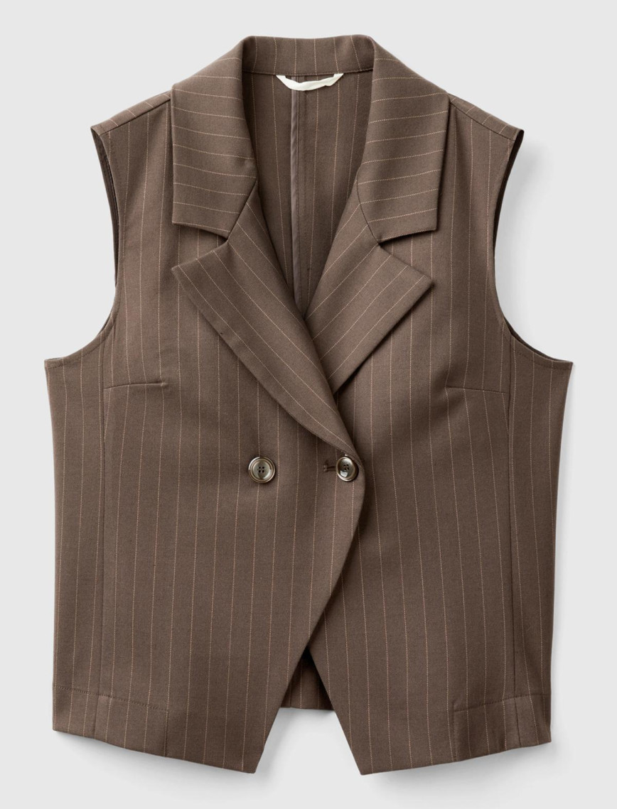 Kadın Taba Viskoz Karışımlı Düğmeli Çizgili Sivri Yaka Kruvaze Yelek Kadın Taba Viskoz Karışımlı Düğmeli Çizgili Sivri Yaka Kruvaze Yelek