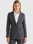 Kadın Antrasit Viskoz Karışımlı Düğme Kapamalı Çizgili Sivri Yaka Blazer Ceket