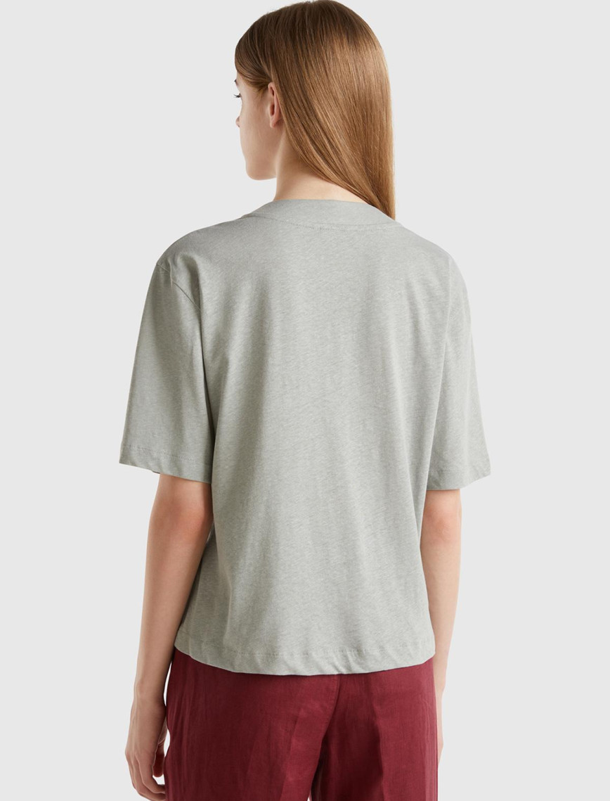 Kadın Gri Pamuk ve Keten Karışımlı Yarım Kollu V Yaka Hırka