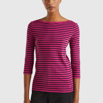 Kadın Mor Mix %100 Pamuk Sol Altı Logolu Uzun Kollu Kayık Yaka T-Shirt