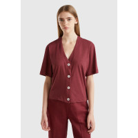 Kadın Bordo Pamuk ve Keten Karışımlı Yarım Kollu V Yaka Hırka