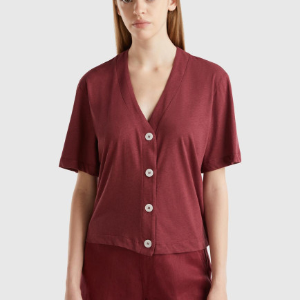 Kadın Bordo Pamuk ve Keten Karışımlı Yarım Kollu V Yaka Hırka