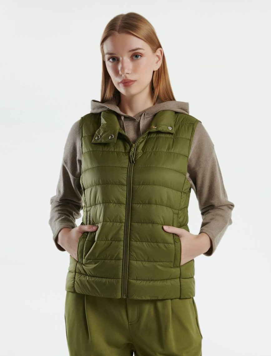 Kadın Haki Recycled Polyester Dolgulu  Pufa Yelek