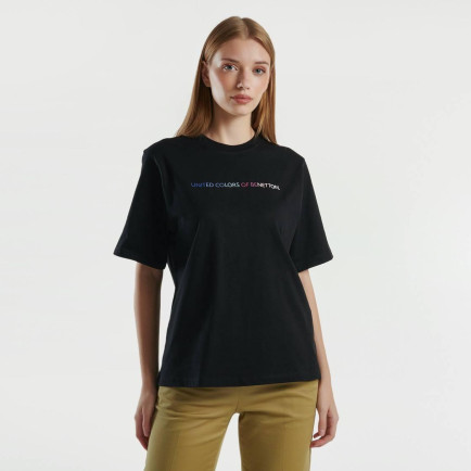 Kadın Siyah %100 Pamuk Önü Logolu Kısa Kollu Yuvarlak Yaka T-Shirt